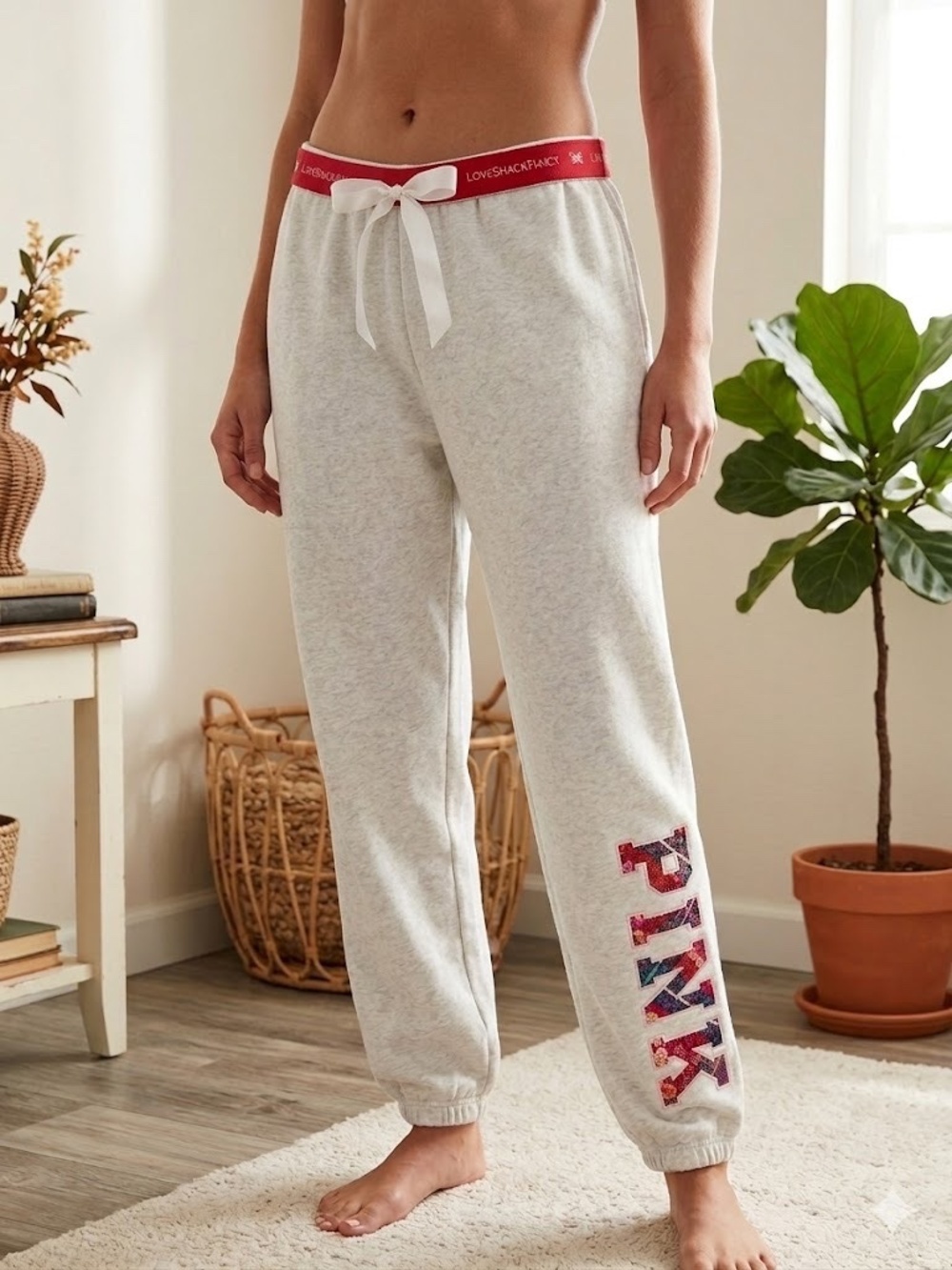 NWT LoveShackFancy x VS PINK Sequin Logo Joggers - Medium Snow Heather